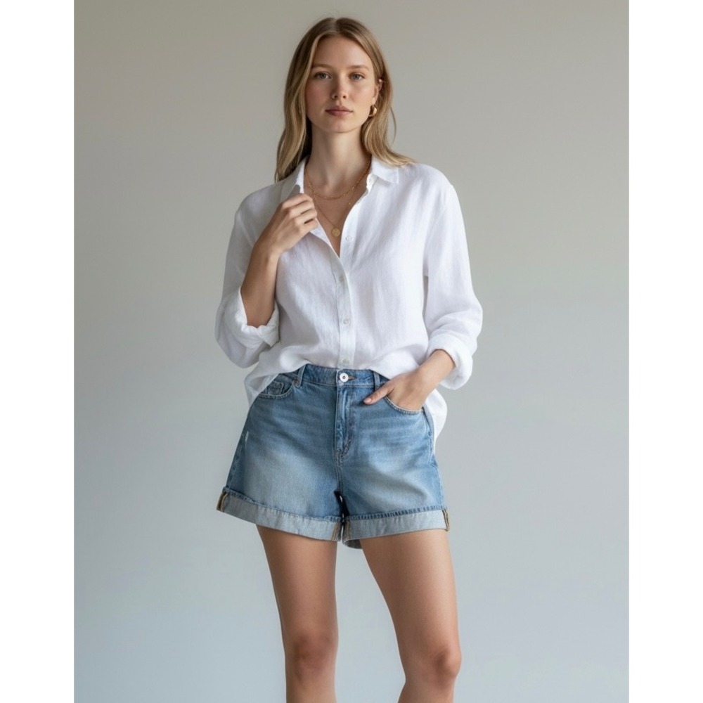 LOFT Denim Cuffed Shorts Size 14 Blue Medium Wash Casual Summer Distressed